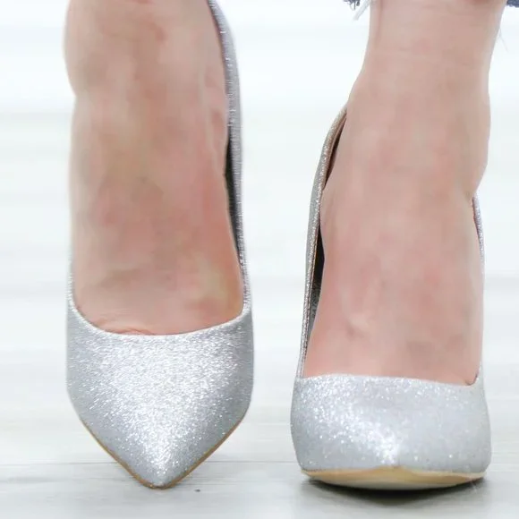 Pointed Silver Glitter Shimmery Dressy Party High Heels - Picture 13 of 15